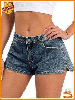 Low Rise Denim Shorts with Side Slit, Y2K Street Micro Jean Shorts for Summer